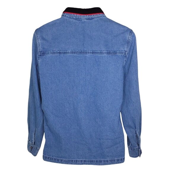 Vintage L.A. Blues Denim Shirt L Snowman Embroidery Velvet Trim Long Sleeve Top - Picture 3 of 7
